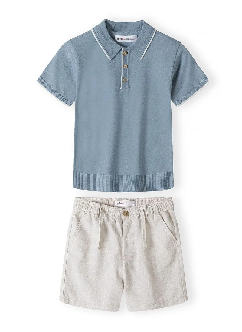 MINOTI Boys knitted light blue polo shirt and beige linen cotton shorts set 3m-7y